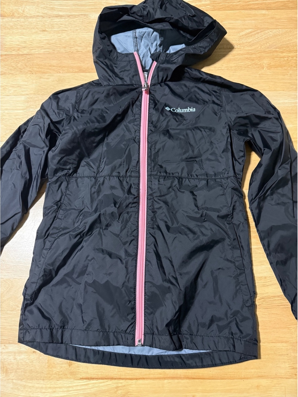 Columbia Girls’ Medium 10/12 Black Lightweight Hooded Windbreaker Pink Zip